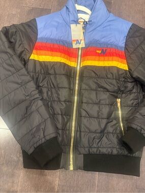Aviator Nation Black Rainbow Stripe Puffer Jacket NWT Size S